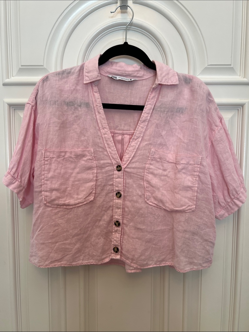 Zara Pale Pink Linen-Blend Short Sleeve Button Down